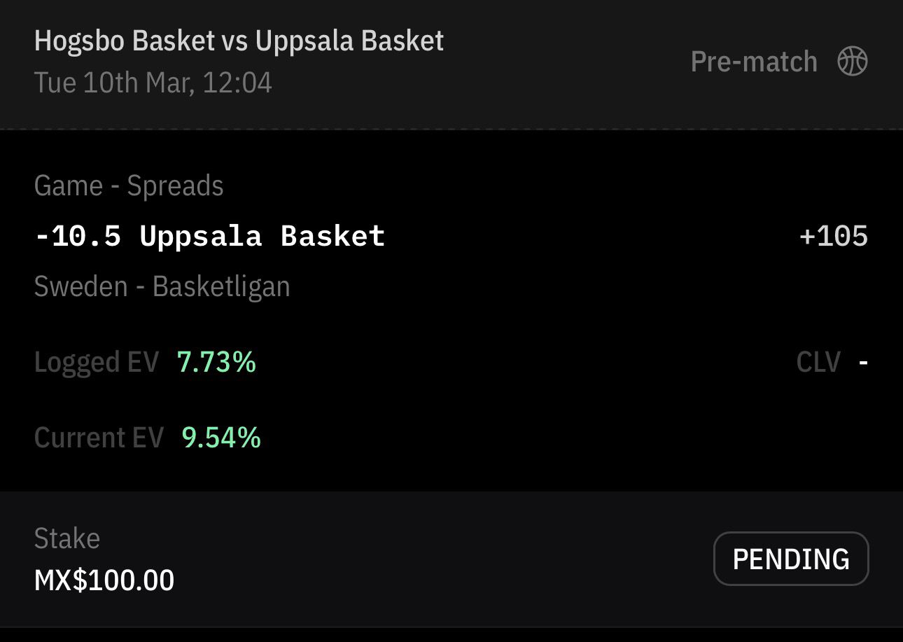 Análisis propio — Uppsala Basket -10.5 · EV 7.73% loggeado, 9.54% al cierre